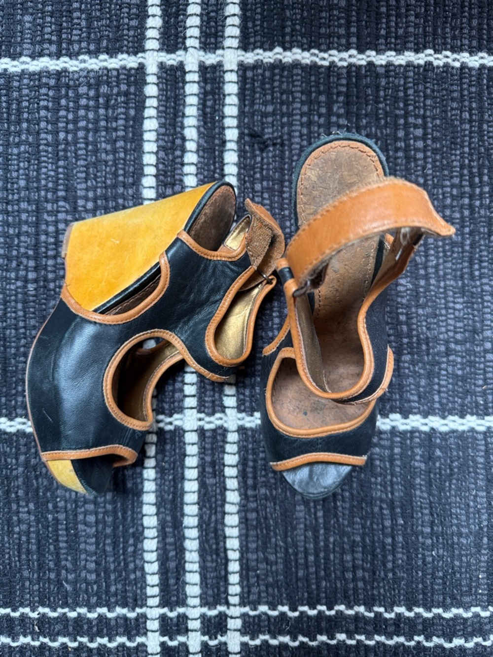 Sam Edelman Black and Tan Leather Wedge Sandals